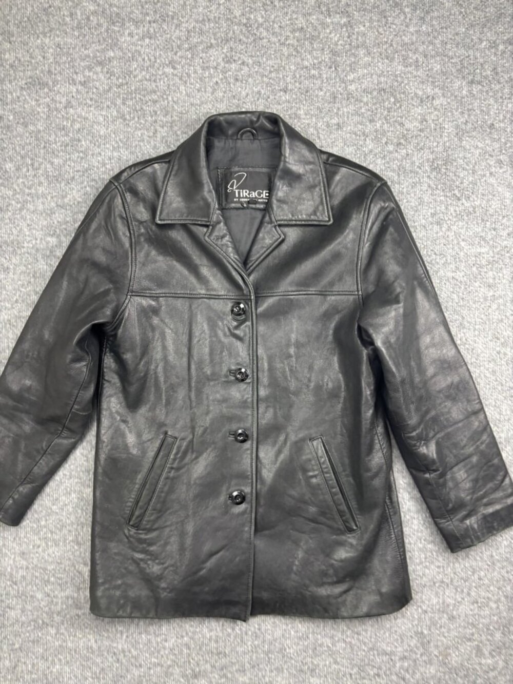 Tirage by Cougar Leather Jacket Womens Medium Black Car Coat Button Front Lined